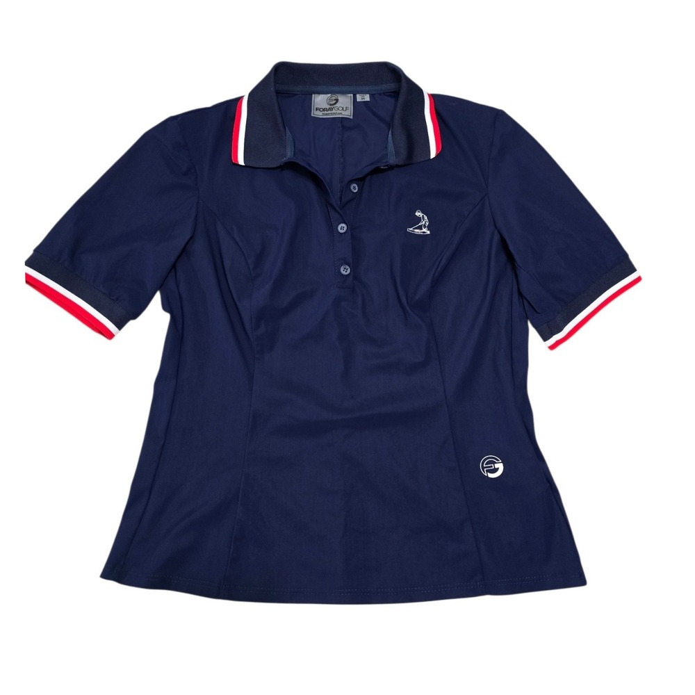 Foray Golf Womens Navy Blue Striped Trim Short Sleeve Polo Shirt Made in USA M